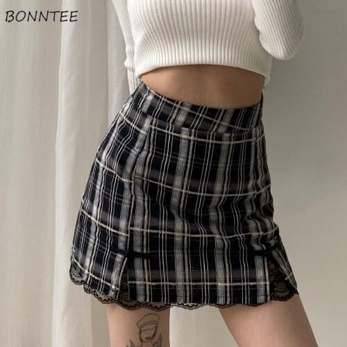 Skirts Women Lace Plaid Preppy Chic Design Vintage Party Side-slit High Street Casual Summer Clubwear Slim Popular Empire Ins