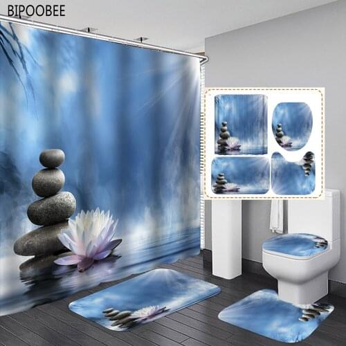 180x180cm Zen Stone Print Shower Curtain Bathroom Curtains Lotus Toilet Lid Cover Floor Mat Pedestal Anti-slip Carpet Bath Rugs