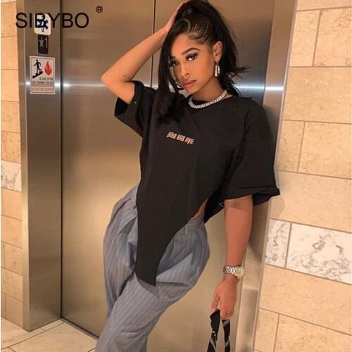 Sibybo O-Neck Letter Print Casual Tee Shirt Women 2021 Spring Short Sleeve Loose T-Shirt Female Streetwear Casual Triangle Tops