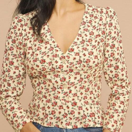 Spring/Summer 2021 New Fashion Retro Single-breasted Long-sleeved V-neck Floral Print Slim and Versatile Shirt