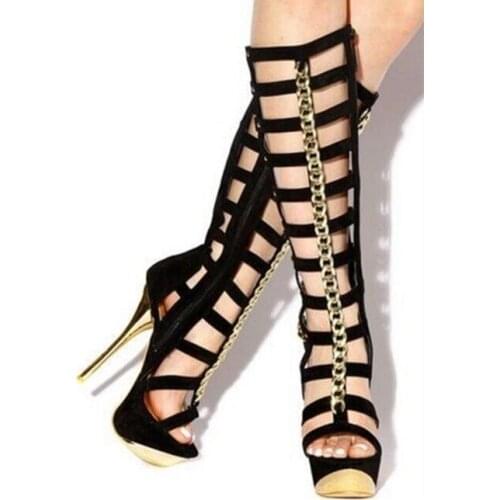 New Arrivals 2019 Black Suede Women Boots Knee High Peep Toe Gold Chain Decor Cut-out Women High Boots Thin Heel Platform Boot