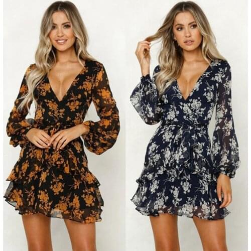 Summer Autumn Women Fashion Floral Print Long Sleeve Deep V Neck Ruffle Sash Mini Skater Dress