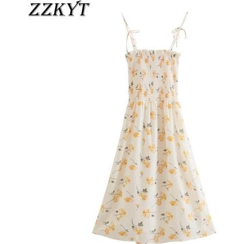 ZZKYT 2021 Women Summer Fashion Floral Print Elastic Waist Midi Dress Vintage Sleeveless Backless Female Dresses Vestidos Mujer