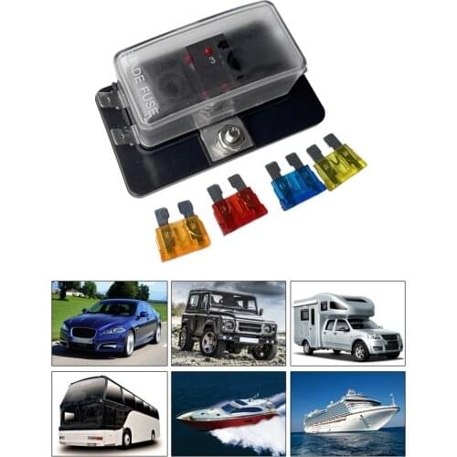 4-Way 32V Blade Fuse Block ATO/ATC Fuse Box Holder with LED Indicator Waterproof Cover for 12V/24V Car Marine w/ 4pcs Fuse
