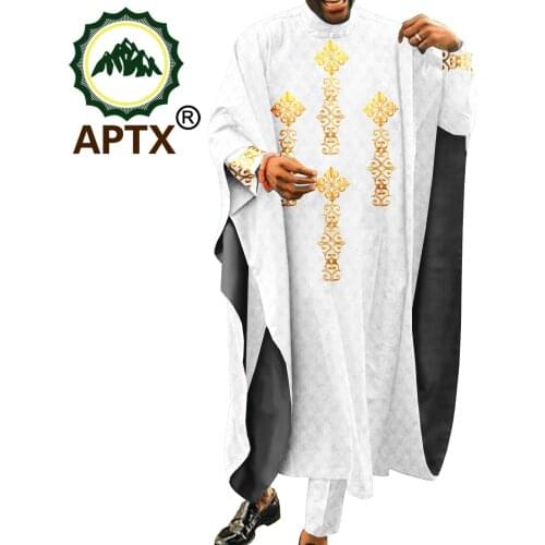 APTX African fashion robe set, bazin riche dashiki set mens robe + shirt + pants, gold trimmed three piece suit A2116013