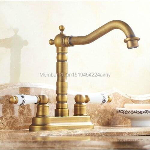 Free Shipping Two Handles Bathroom Basin Antique Finish Dual Hole 360 swivel faucet hot and cold basin sink mixer crane tap GI92