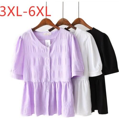 New 2021 Ladies Summer Plus Size Tops For Women Large Blouse Short Sleeve Loose Casual Linen Purple V-enck Shirt 3XL 4XL 5XL 6XL