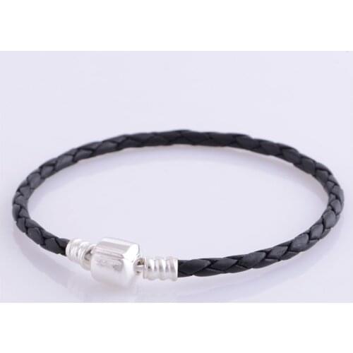 Genuine 925 Sterling Silver Charms Bracelet Black Leather Bracelets for Women DIY Jewelry Making pulseras Wholesale PL001
