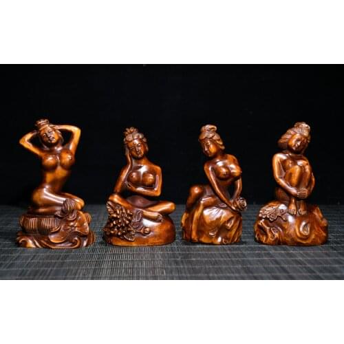 4"China Lucky Old Boxwood Gilt Hand-carved Statue of four beauties Classical beauty woman Office Ornaments Town House Exorcism