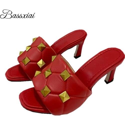 Genuine Leather Multicolor One-Strap Mules Lady Sexy Kitten Heel Open Toe Slingbacks Rivet Decor Summer Sandals Women