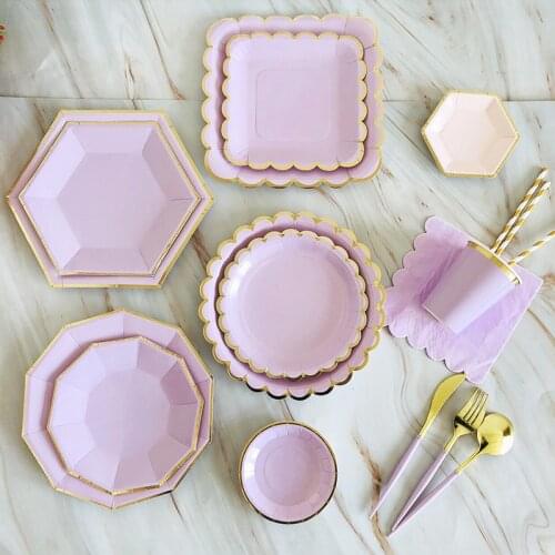 Gold Purple Disposable Tableware Set Wedding Baby Shower Cups Straws Napkins Plates For Birthday Decor Kids Girls Party Supplies