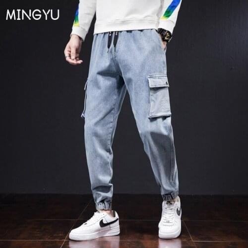 2021 Brand Spring Autumn New Solid Color Pocket Mens Trendy Brand Loose Nine-Point Tooling Harlan Casual Tie-Feet Jeans Male