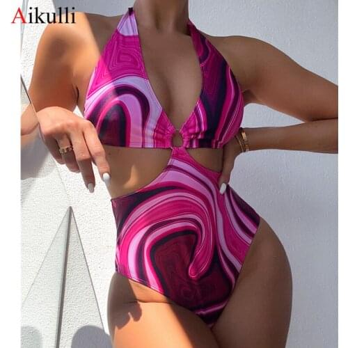 Sexy Colorful Printed Backless One Piece Swimsuits Womens Halter Cut Out Ring Swimwear Summer Monokini Female Swim Bathing Suit