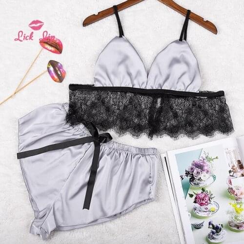 Lick Lip Lace Trim Pijamas Set Women Sexy Bow Satin Sleepwear Summer Lingerie Set Crop Cami Top and Short Pajama Set SWD14911-30