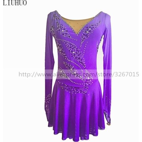 Figure Skating Dress Womens Girls' Ice Skating Dress Purple round neck long sleeve style Beautiful striped pattern rhinestones