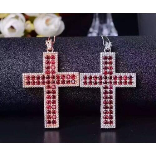 Natural red garnet gem pendant S925 silver Natural gemstone Pendant Necklace trendy Luxury big cross women party gift jewelry
