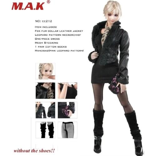 In Stock 1/6 Scale Gothic Female Soldier Clothes Black Fox Fur Collar Leather Jacket Mesh Stockings Fit 12" Figure Action Toys