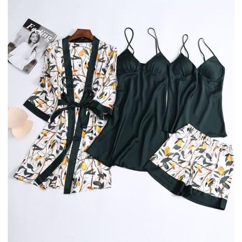 2020 Spring Autumn Women Silk Pajamas Sets With Chest Pads Flower Print Pijama Sleepwear 4 Pieces Spaghetti Strap Satin Pyjamas