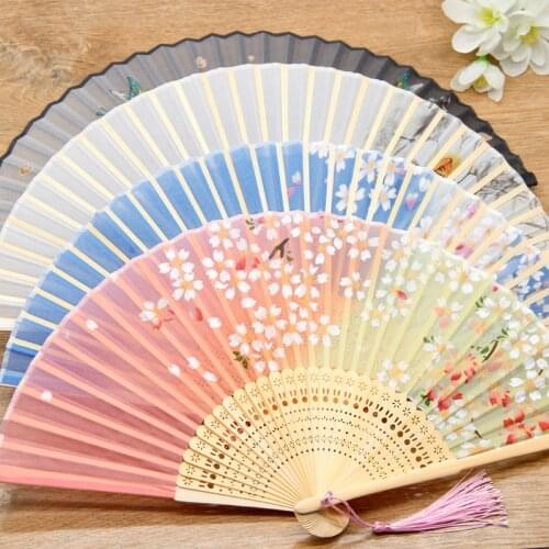 High Quality Tassel Silk Folding Fan Wooden Shank Classical Dance Fan Chinese Style Flower Pattern Fan Wedding Party Photo Prop