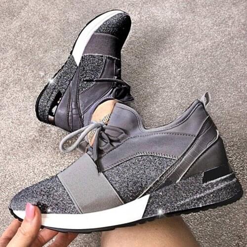 Women Shoes 2021 Fashion Sequined Casual Sports Shoes Women Lace Up Wedge Sneakers Ladies Non Slip Breathable Women Trainerszrf6