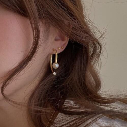 Goth Gold Double Parts Geometric U Pin Pearl Crystal Stud Earrings for Women Vintage Hanging Back Earring Korean Fashion Jewelry