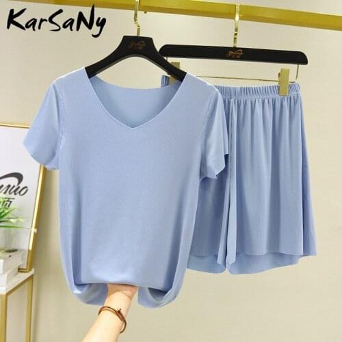 KarSaNy Ice Silk Shorts Sets Women 2021 Womens Summer Suit V Neck T Shirt Two Piece Set Women Outfit Loose Shorts Sets Femme