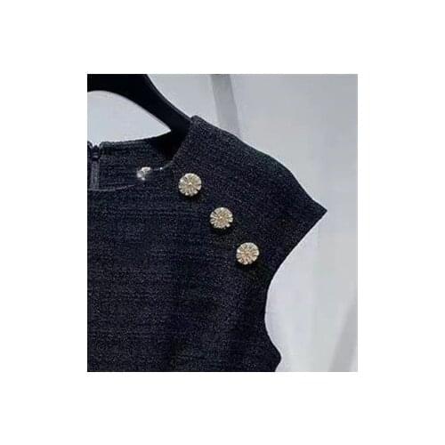 2021Summer Womens Tweed Mini Dress O-Neck Sleeveless Ruffles Slim Ladies Robe with Daisy Buttons Female Robes