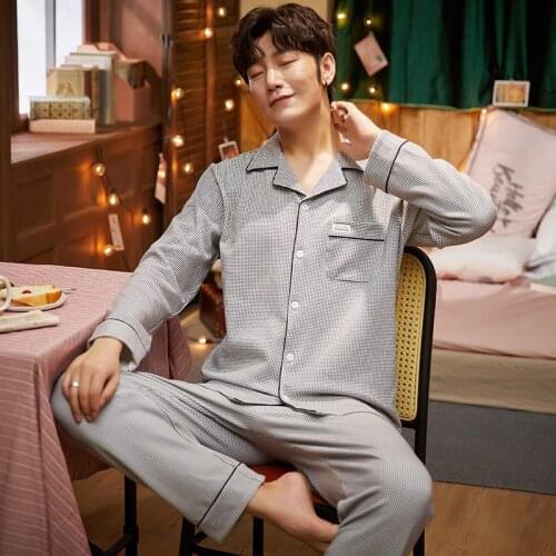 Winter Pajamas For Men Simple White And Gray Plaid Striped Pajamas Loose Oversized Casual Male Homewear Cotton Warm Sleepwear