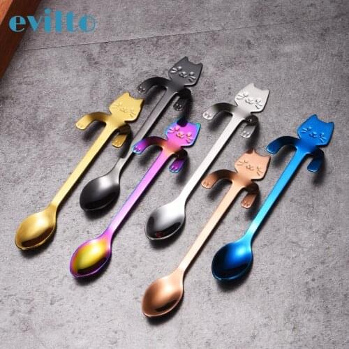 1Pcs Creative Cartoon Cute Cat Dessert Spoon Stainless Steel Coffee Spoon Teaspoon Dessert Snack Scoop Children Spoons Tableware