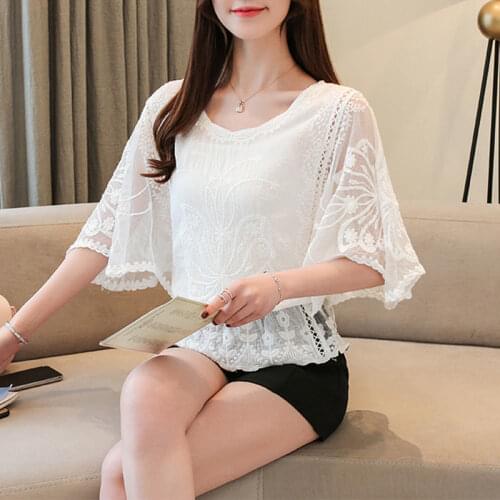 Cotton Summer Women Elegant Blouses Fashion Ladies Lace Embroidery Casual Bat Shirts Loose Tops Blusas Elastic Lightness MM0418