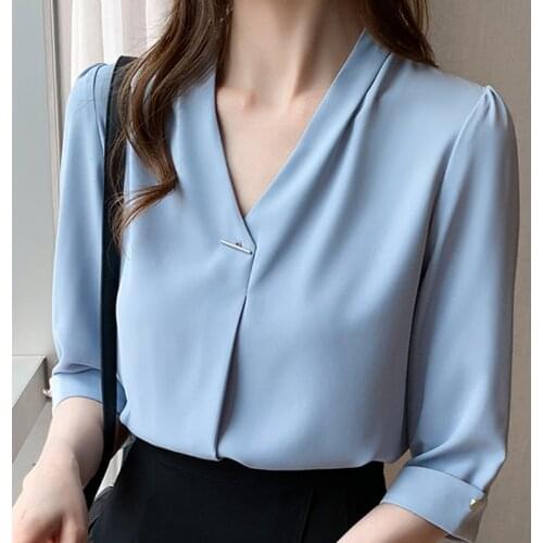 Blusas Blouses Top Femme Tops Women Blouse Women Blusas Mujer De Moda 2021 Short Sleeve V-Neck Chiffon Blouse Shirt Shirts E863