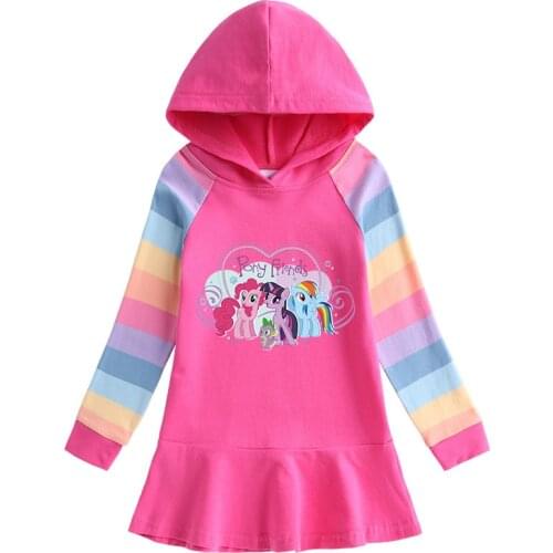100% Cotton My Little Pony Cartoon Print Child Girl Dress Rainbow Long Sleeve Hooded Children Princess Dress For Winter Spring