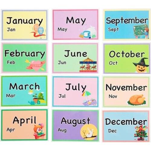 12Pcs Montessori English Learning Cards Month Flash Cards For Children Early Educational Toy Flash Memory Card