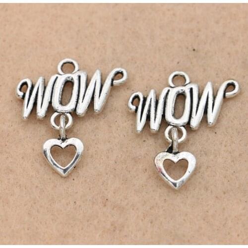 KJjewel Antique Silver Plated Wow Heart Charms Pendants for Jewelry Accessories DIY Jewelry Making Craft 20x16mm