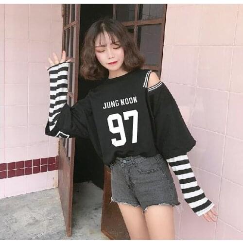 Kpop Bangtan Jungkook Fake two-piece Sweatshirt women fashion Stitching stripes pullover Hip hop tops gothic harajuku sweatshirt