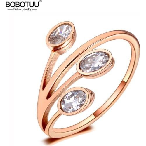 BOBOTUU Fashion Titanium Stainless Steel Leaves Ring Rose Gold CZ Crystal Bohemia Party Rings Jewelry For Women Girls BR20001