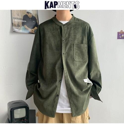 KAPMENTS Oversized Men Solid Corduroy Shirt Long Sleeve 2020 Mens Pocket Streetwear Shirts Male Korean Fashions Black Shirt 5XL