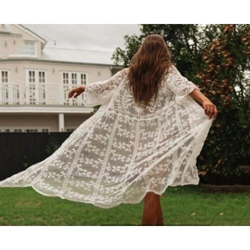 Swim Cover Up Lace Cardigan Embroidered Sunscreen Seaside Bikini Swimsuit Beach Blouse Women