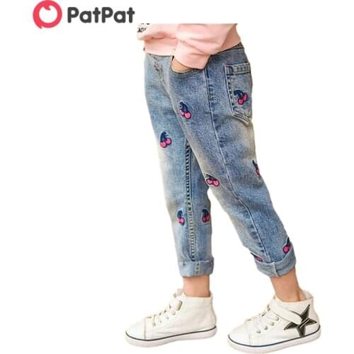 PatPat 2021 New Spring and Summer Autumn Cherry Embroidered Jeans for Kid Bottoms Jeans for Girl Kids Clothes