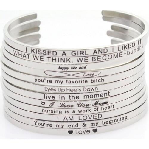 New Stainless Steel Bangle Engraved Positive Inspirational Quote Hand Stamped Cuff Mantra Bracelets For Men Women