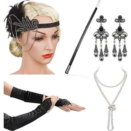 2021 New Design Womens cosplay headbands necklace gloves earring set flapper costume 1920S Great GATSBY Halloween Accessories