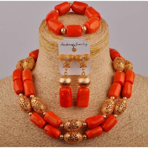 Orange Coral Beads African JewelrySet 2021 Nigerian Wedding Necklace Sets Bracelet Earrings for Womens