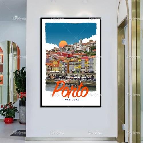 Retro Vintage Style Travel Poster Porto, Portugal Oil Painting Posters and Prints on Canvas Wall Art Pictures Living Room Decor