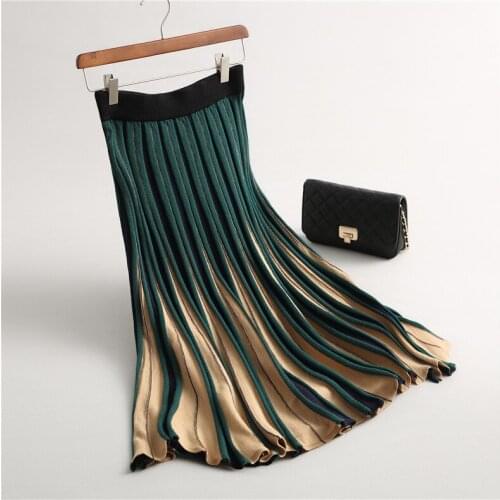 2020 Knitted Pleated Autumn Winter Color Patch High Waist Women Long Female Warm Ladies Maxi Midi Skirt Saia