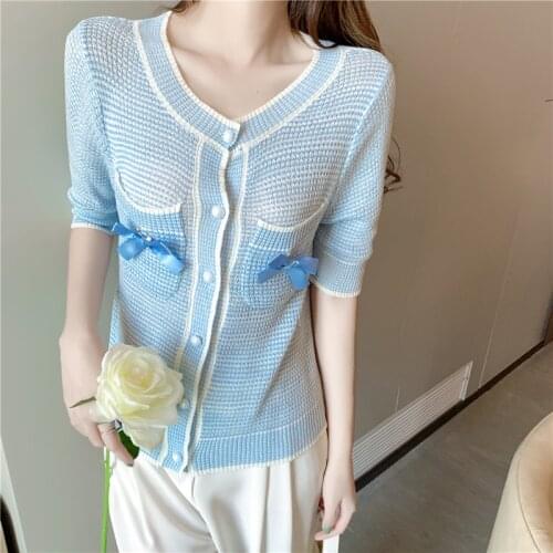 Womens T-shirt French Knit Short Sleeve T Shirt Loose Pocket Cardigan Oversized T Shirts Plus Size Women Clothing