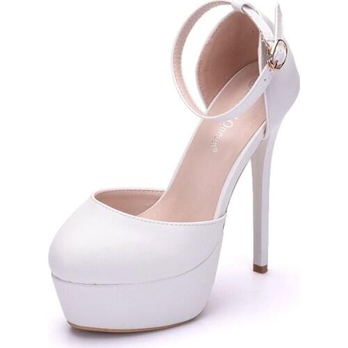 Women sandals wedding Party PU Buckle Strap 14CM Thin High heels Round Toe waterproof zapatos de mujer women shoes size 35-42