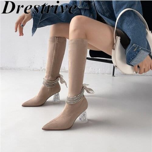 Drestrive Elastic Fabric Pointed Toe Women Keen High Boots Zipper Crystal 2021 Fashion Autumn Shoes Transparent Thick Heels