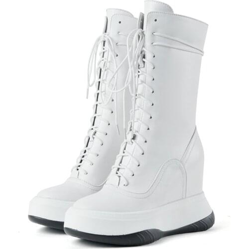 Winter Warm Punk Trainers Women Genuine Leather Wedges High Heel Riding Boots Female Round Toe Platform Pumps Shoes Casual Shoes