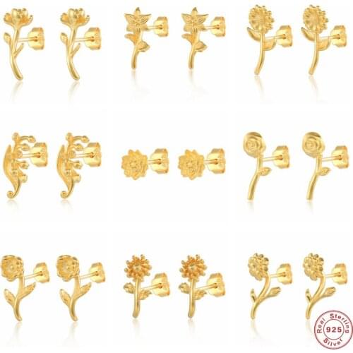 Aide 925 Sterling Silver Flower Series Stud Earrings For Women Elegant Rose Daisy Carnation Lily Ear Studs Pendiente Jewelry