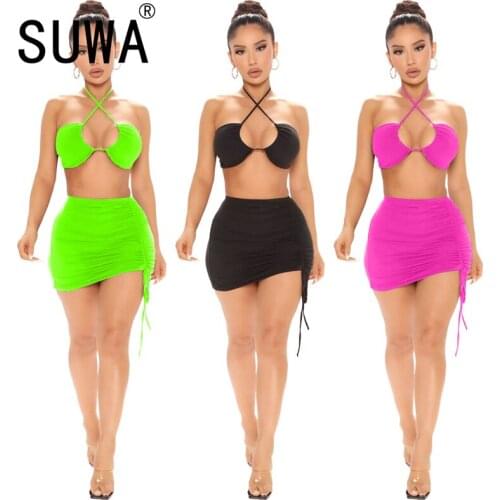 Women Set Summer Beach Solid 2 Pieces Crop Top And Mini Skirt Set Female Two Pieces Outfits